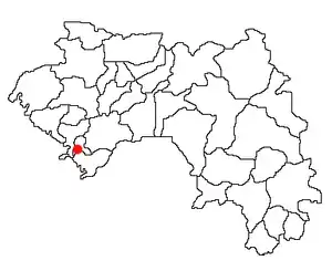 Location of Coyah Prefecture and seat in Guinea.