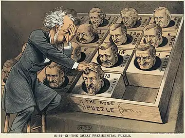 Image 15"The Great Presidential Puzzle": This chromolithograph cartoon about the 1880 Republican National Convention in Chicago shows Roscoe Conkling, leader of the Stalwarts of the Republican Party, playing a puzzle game. All blocks in the puzzle are the heads of the potential Republican presidential candidates. The cartoon parodies the famous 15 puzzle. Image credit: Mayer, Merkel, & Ottmann (lithographers); James Albert Wales (artist); Jujutacular (digital retouching) (from Portal:Illinois/Selected picture)