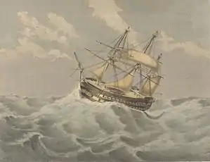 HMS&nbsp;Bellerophon, 50 Miles ESE of Malta, 1 February 1852; made a lithograph by Charles de Brocktorff