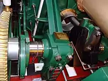 Looking down at the trunk engine of HMS&nbsp;Warrior&nbsp;(1860). The connecting rod can be seen emerging from the trunk at right.