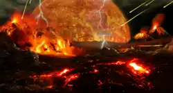 Image 55Artist's impression of a Hadean landscape with the relatively newly formed Moon still looming closely over Earth and both bodies sustaining strong volcanism. (from History of Earth)