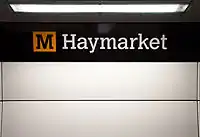 Calvert typeface, on a sign from Haymarket station on the Tyne and Wear Metro