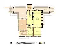 Hills House First Floor Plan in 1906. Outline of the earlier house is shown in yellow.
