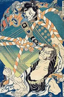 By Hokusai featuring Kojima Yatarō and Saihoin Akabozu, c. 1830