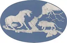 Horse Frightened by a Lion, plaque, 10 by 16 inches (250 mm × 410 mm), 1780, after George Stubbs