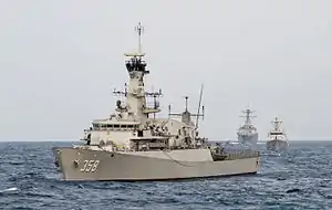 The Indonesian navy corvette KRI John Lie (358) lines up for a combined gunnery exercise behind the U.S. Navy littoral combat ship USS&nbsp;Fort Worth during the underway phase of CARAT Indonesia 2015.