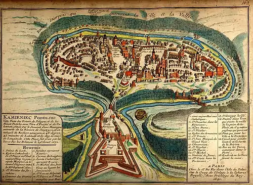 Image 16Kamianets-PodilskyiMap credit: Nicolas de FerA 1691 French map of Kamianets-Podilskyi, Ukraine, depicting the city's old town neighborhood and castle, surrounded by the winding Smotrych River. It was originally part of Kievan Rus' and annexed into the First Polish Republic, but at the time of the map's creation, the city was part of the Ottoman Empire. It shortly returned to Poland and later became part of the Russian Empire with the Second Partition of Poland in 1793.More featured pictures