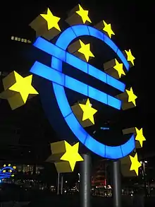 Image 27The Euro symbol shown as a sculpture outside the European Central Bank (from Symbols of the European Union)
