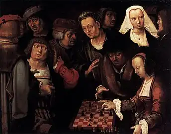 Image 27Lucas van Leyden, c. 1508, The Game of Chess, oil on oak, 27 x 35&nbsp;cm, Gemäldegalerie, Berlin (from Chess in the arts)