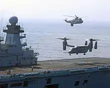 A USMC MV-22A Osprey lands on HMS&nbsp;Illustrious