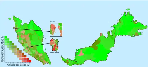 Image 7Proportion of ethnic Chinese and Malay with indigenous voters in the 2018 Malaysian parliamentary constituency:&nbsp;&nbsp;Bright red indicates a higher proportion of ethnic Chinese&nbsp;&nbsp;Bright green indicates a higher proportion of ethnic Malay or indigenous people&nbsp;&nbsp;Mixed colour means that the ratio of the two is equivalent&nbsp;&nbsp;The brownish colour are the area with the higher proportion of other non-indigenous races (such as Indians) (from Malaysian Chinese)