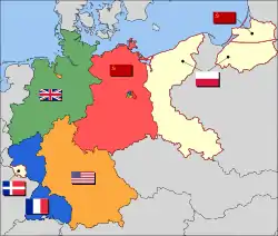 The eventual partition of Germany into Allied Occupation Zones: &nbsp;&nbsp;British zone &nbsp;&nbsp;French zone (two exclaves) and beginning in 1947, the Saar Protectorate &nbsp;&nbsp;American zone, including Bremen &nbsp;&nbsp;Soviet zone, later the GDR  &nbsp;&nbsp;Polish and Soviet annexed territory