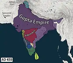 Map of the territory of the Traikutakas (in yellow), along with their contemporaries, especially the Kadambas, the Vakatakas and the Gupta Empire.