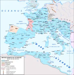 The Western Roman Empire in 418 AD, following the abandonment of Britannia and the settlement of the Visigoths, Burgundians, and Suebi within imperial territory as foederati