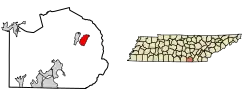 Location of Powells Crossroads in Marion County, Tennessee.