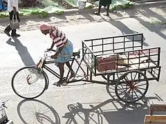 A non-motorized Meen Body Vandi jugaad-style improvised vehicle, in Tamil Nadu, India.