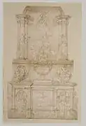 Study for a wall tomb, c. 1506, attributed to Michelangelo. This may be a surviving visual evidence for the project commissioned in 1505, but contradicts Michelangelo's early biographers’ description of a freestanding tomb.