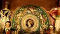 Rare tin-glazed Minton 'majolica' Victoria plate, brush-painted decoration on flat surface in Renaissance style, mid-19th century (1853).