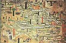 English: A mural painting from Cave 61 at the Mogao Caves, depicting Tang Dynasty monastic architecture from Mount Wutai.