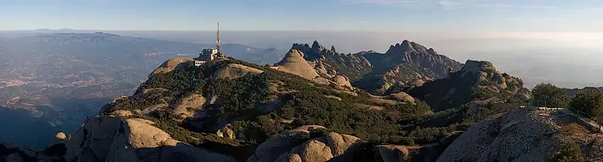 Image 9MontserratPhoto credit: DiliffA stitched panorama taken from St Jerome, the summit of Montserrat, a 1,236&nbsp;m (4,055&nbsp;ft) mountain near Barcelona, Spain. The mountain's name means "jagged mountain" and is used because of the peculiar aspect of the formation, which is visible from a great distance.More selected pictures