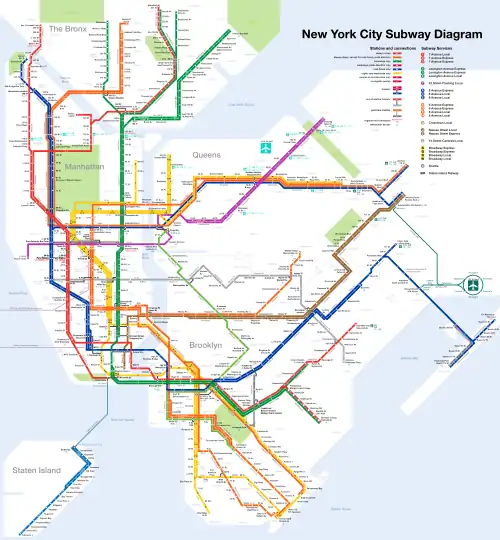 Image 4New York City SubwayMap: CountZA transit map of the New York City Subway, one of the oldest and most extensive public transportation systems in the world. Operated by the Metropolitan Transportation Authority of the State of New York, it has 468 stations in operation on 209 mi (337 km) of routes, with 842 miles (1,355 km) of track. It is the busiest rapid transit rail system by annual ridership in the Western Hemisphere, and fifth busiest in the world. Its stations are located throughout the boroughs of Manhattan, Brooklyn, Queens and the Bronx. Staten Island has its own rail line which is not part of the system, but is included in the map as well.More selected pictures
