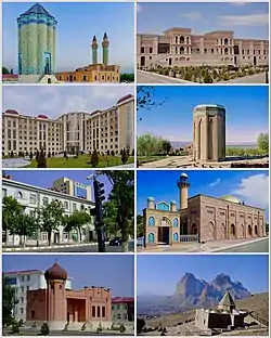 Landmarks of Nakhcivan, from top left:Garabaghlar Mausoleum&nbsp;• Khan PalaceNakhcivan Hospital&nbsp;• Momine KhatunCity Centre&nbsp;• Juma MosqueFeminine Centre&nbsp;• Nakhcivan Mountains