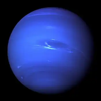 Image 1NeptunePhotograph credit: NASA&nbsp;/ JPLNeptune is the eighth and farthest known planet from the Sun in the Solar System. In the Solar System, it is the fourth-largest planet by diameter, the third-most-massive planet and the densest giant planet. Neptune is 17&nbsp;times the mass of Earth, slightly more massive than its near-twin Uranus. Neptune is denser and physically smaller than Uranus because its greater mass causes more gravitational compression of its atmosphere. Neptune orbits the Sun once every 164.8&nbsp;years at an average distance of 30.1&nbsp;au (4.5&nbsp;billion&nbsp;km; 2.8&nbsp;billion&nbsp;mi). It is named after the Roman god of the sea and has the astronomical symbol ♆, a stylised version of the god Neptune's trident.This picture of Neptune was taken by NASA's Voyager&nbsp;2 spacecraft in 1989, at a range of 4.4&nbsp;million miles (7.1&nbsp;million kilometres) from the planet, approximately four days before closest approach. The photograph shows the Great Dark Spot, a storm about the size of Earth, in the centre, while the fast-moving bright feature nicknamed the "Scooter" and the Small Dark Spot can be seen on the western limb. These clouds were seen to persist for as long as the spacecraft's cameras could resolve them.More selected pictures