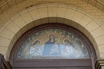 Neo-Byzantine Fresco of the Virgin Mary over the portal by  Geneviève and Henri Taillefert, (20th c.)