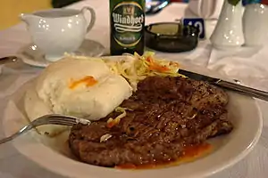 Nshima and beef relish from Proteas Hotel, Chingola, Zambia.