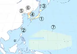 De jure map of Japan under Allied occupation (1 to 6).
# The Japanese archipelago, placed under the authority of the Supreme Commander for the Allied Powers (de facto United States), effective 1945–1952 (note: A portion of Japanese territory was put under United States administration after 1952 in accordance with Article 3 of San Francisco Peace Treaty: Iwo Jima (until 1968) and Okinawa (until 1972); such arrangement was treaty based, and not part of the Allied occupation).
# Japanese Taiwan and its Spratly Islands, placed under the authority of China.
# Karafuto Prefecture and the Kuril Islands, placed under the authority of the Soviet Union.
# Japanese Korea south of the 38th parallel north, placed under the authority of the United States Army Military Government in Korea, granted independence in 1948 as the Republic of Korea (South Korea).
# The Kwantung Leased Territory, occupied by the Soviet Union 1945–1955, returned to China in 1955.
# Japanese Korea north of the 38th parallel north, placed under the authority of the Soviet Civil Administration, granted independence in 1948 as the Democratic People's Republic of Korea (North Korea)
# The South Pacific Mandate, single Japanese colony in the name of the League of Nations, occupied by the United States 1945–1947, converted into the Trust Territory of the Pacific Islands of the United Nations under the US administration in 1947.
