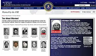 : FBI Ten Most Wanted Fugitives web page on the Federal Bureau of Investigation (FBI) website, listing Osama Bin Laden as deceased.