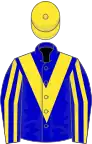 Blue, yellow chevron, striped sleeves, yellow cap