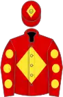 Red, yellow diamond, red sleeves, yellow spots, red cap, yellow diamond