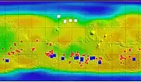 Ice (white), salt (red) and warm-season flows (blue) on Mars