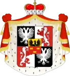 Coat of arms of Princes Sułkowski (1752), with Bohemian (silver lion), Saxon (green common rue on the black eagle) and Habsburg (red lion and a two-headed eagle) elements.(variant I)