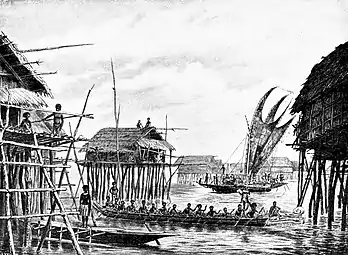 Image 31Papuan lake dwellings with a lakatoi under sail, 1898 or before (from History of Papua New Guinea)