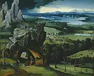 Landscape with St Jerome, 1515–1519, oil on panel, 74 × 91&nbsp;cm (29.1 × 35.8 in), Prado, Madrid