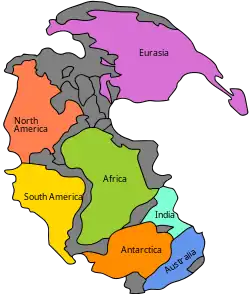 Image 36Pangaea was a supercontinent that existed from about 300 to 180 Ma. The outlines of the modern continents and other landmasses are indicated on this map. (from History of Earth)
