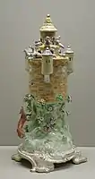 Perfume burner in the form of a dove-cote with prowling fox, c. 1759–1765, 51 centimetres (20&nbsp;in) high