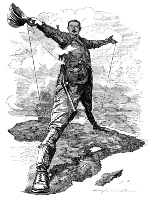 Image 4The Rhodes ColossusIllustration: Edward Linley SambourneThe Rhodes Colossus is an iconic editorial cartoon of the Scramble for Africa period, depicting British colonialist Cecil John Rhodes as a giant standing over the continent, after his announcement of plans to extend an electrical telegraph line from Cape Town to Cairo. Rhodes is shown in a visual pun as the ancient Greek statue the Colossus of Rhodes, with his right foot in Cape Town and his left in Cairo, illustrating his broader "Cape to Cairo" concept for British domination of Africa.More featured pictures