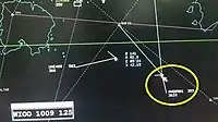Secondary radar image shows Flight 8501 (circled in yellow) at an altitude of 36,300&nbsp;ft (11,100&nbsp;m) and climbing, travelling at 353&nbsp;kn (654&nbsp;km/h) ground speed.