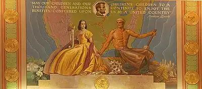 Image 2A mural by Chicago artist Louis Grell in the Springfield Amtrak station. The mural depicts a quote by Abraham Lincoln, a map of the post-1947 Gulf, Mobile and Ohio Railroad, and the seals of the seven states that the railroad served. Image credit: Louis Grell (painter), RI-Bill (photographer) (from Portal:Illinois/Selected picture)