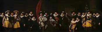 Civic guardsmen from the company of captain Jacob Symonszn de Vries (seated right) and lieutenant Dirck Jacobszn de Graeff (seated left), painted by Thomas de Keyser (1633)