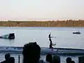 Members&nbsp;of&nbsp;the local ski team, the&nbsp;Skiing&nbsp;Skeeters, form&nbsp;a&nbsp;human pyramid