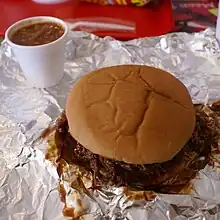 BBQ beef sandwich and smoked beans