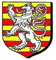 Barruly of ten, or and gules, a lion rampant, argent