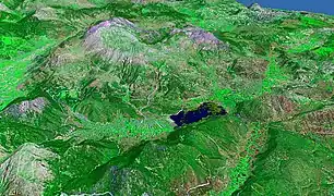 Plain is fertile, lake with high water, Snow on Mount Kyllini (2.374&nbsp;m), NASA WorldWind (8&nbsp;km)
