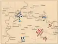 The Battle of Szőreg. The situation on the wider battlefield after the battle. Red - the Austrian troops, Blue - the Hungarian troops. Green - the Russian troops.