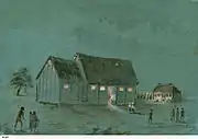 Gouache sketch on coloured board of the Reverend T. Q. Stow's temporary Congregational Chapel (seen at night) on North Terrace, Adelaide, built in 1837.