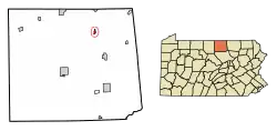 Location of Tioga in Tioga County, Pennsylvania.